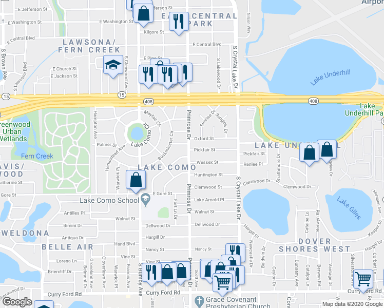 map of restaurants, bars, coffee shops, grocery stores, and more near 610 Primrose Drive in Orlando