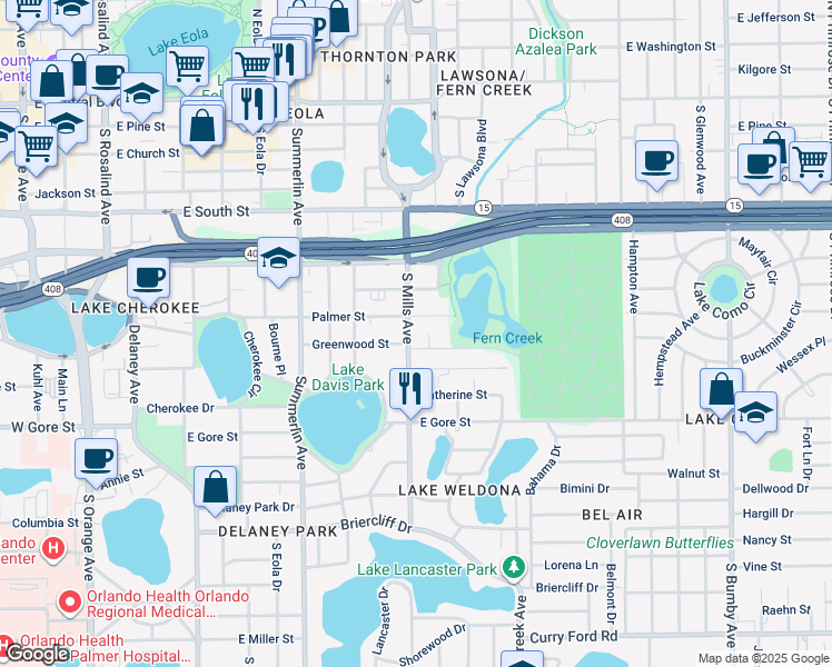 map of restaurants, bars, coffee shops, grocery stores, and more near 1112 Palmer Street in Orlando