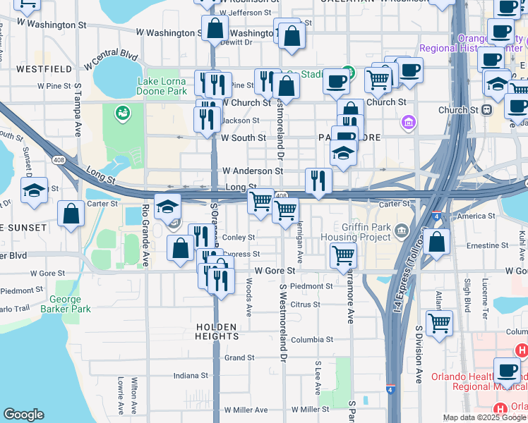 map of restaurants, bars, coffee shops, grocery stores, and more near 702A Boston Avenue in Orlando