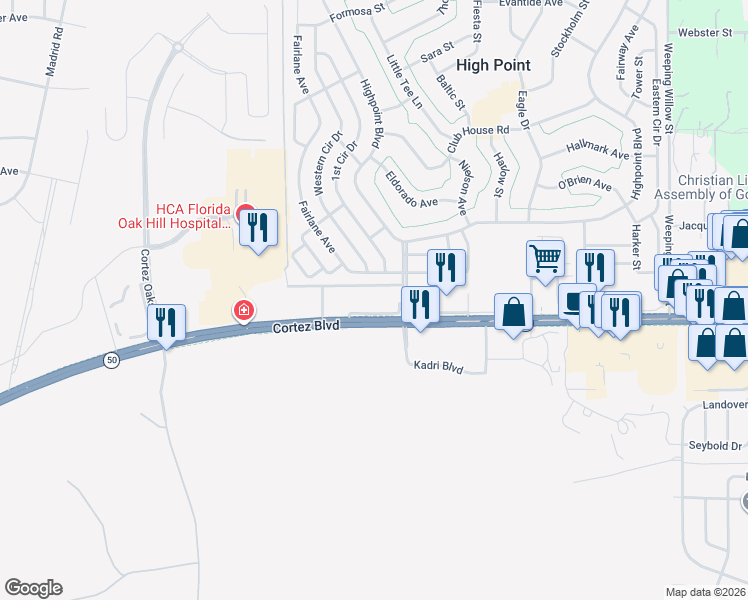 map of restaurants, bars, coffee shops, grocery stores, and more near 12005 Cortez Boulevard in Brooksville