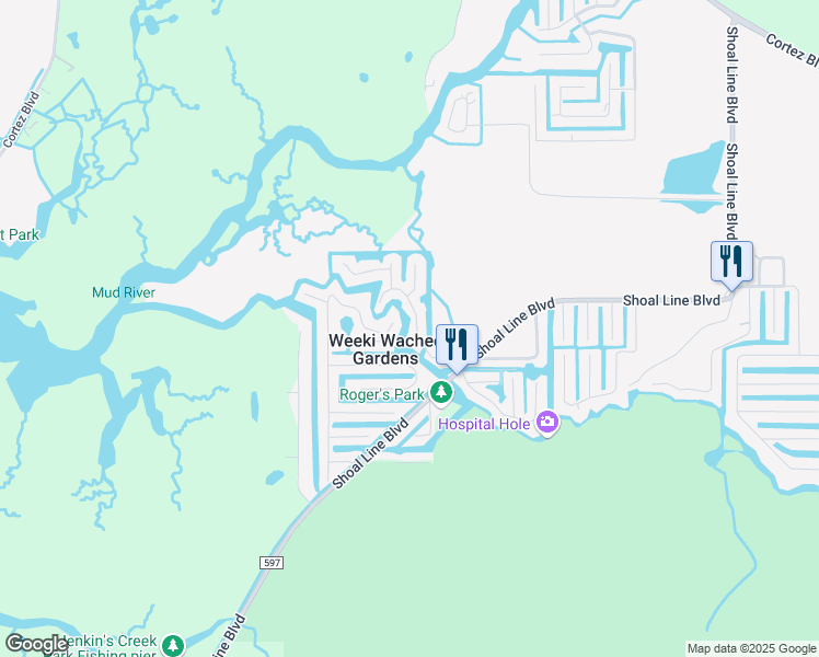 map of restaurants, bars, coffee shops, grocery stores, and more near 7251 Tropical Drive in Spring Hill