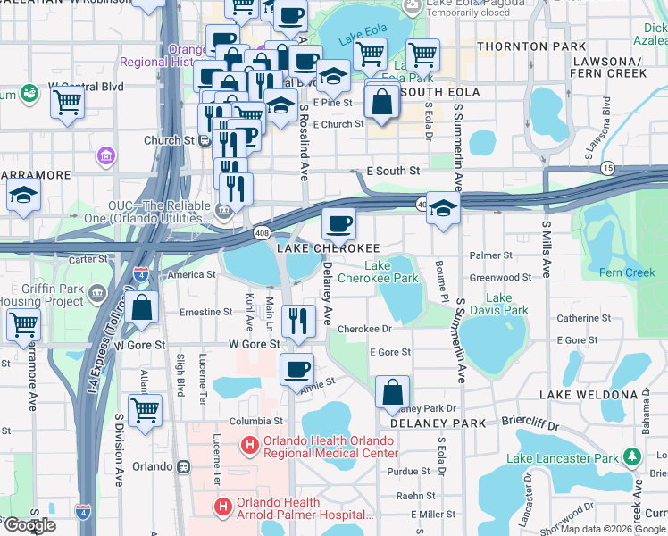 map of restaurants, bars, coffee shops, grocery stores, and more near 600 Delaney Avenue in Orlando