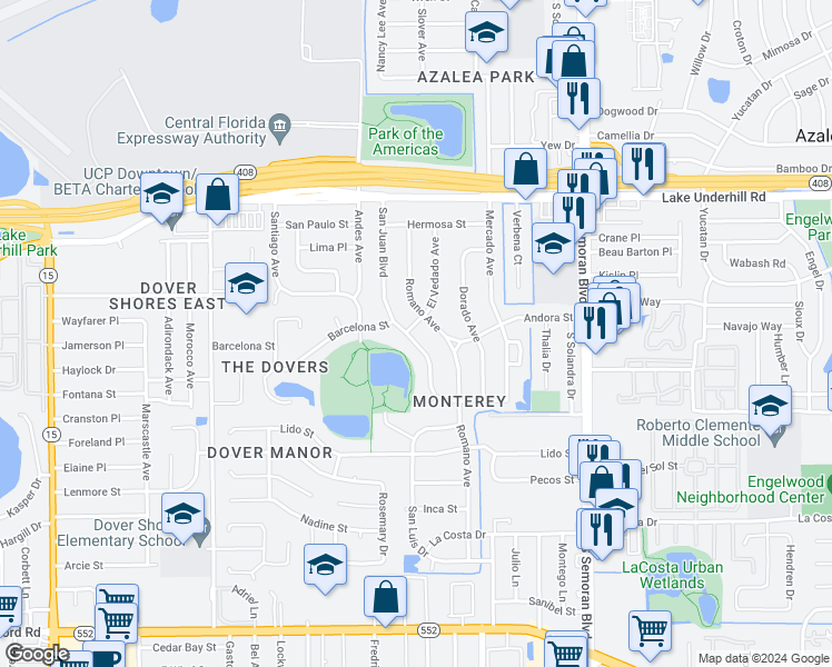 map of restaurants, bars, coffee shops, grocery stores, and more near 709 San Juan Boulevard in Orlando