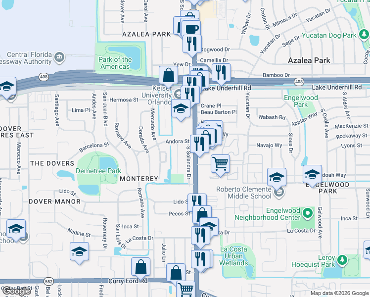 map of restaurants, bars, coffee shops, grocery stores, and more near 707 Thalia Drive in Orlando