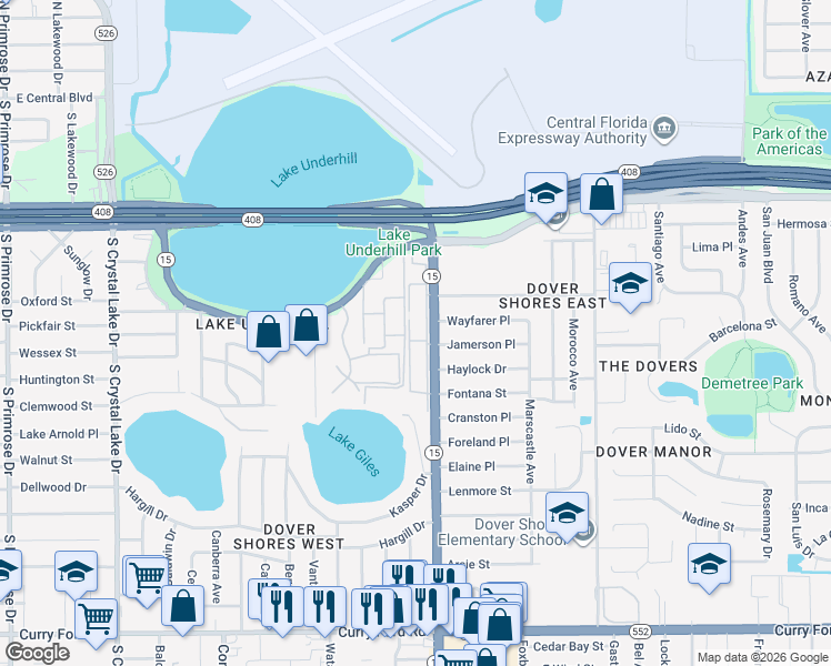 map of restaurants, bars, coffee shops, grocery stores, and more near 608 South Conway Road in Orlando