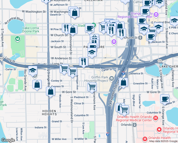 map of restaurants, bars, coffee shops, grocery stores, and more near 720 Carter Street in Orlando