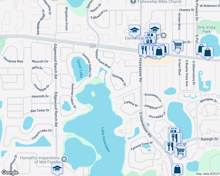 map of restaurants, bars, coffee shops, grocery stores, and more near 524 Harbor Point Boulevard in Orlando