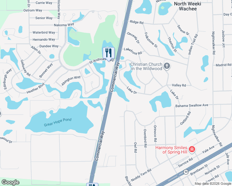map of restaurants, bars, coffee shops, grocery stores, and more near 9780 Lake Drive in Weeki Wachee