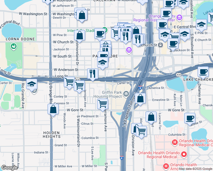 map of restaurants, bars, coffee shops, grocery stores, and more near 707 South Parramore Avenue in Orlando