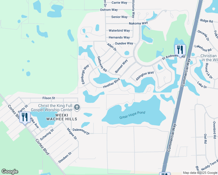 map of restaurants, bars, coffee shops, grocery stores, and more near 8794 Heather Boulevard in Spring Hill