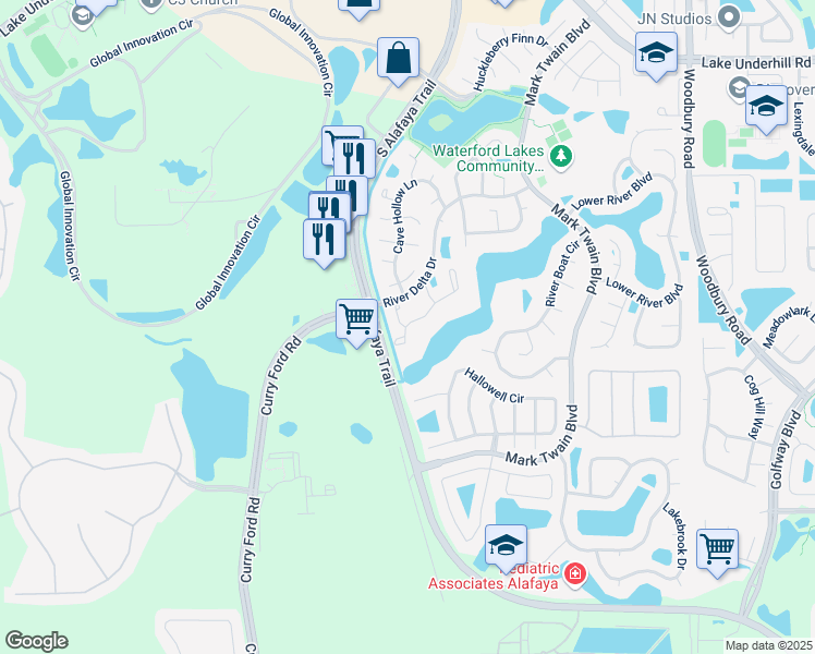 map of restaurants, bars, coffee shops, grocery stores, and more near 12202 Shady Spring Way in Orlando
