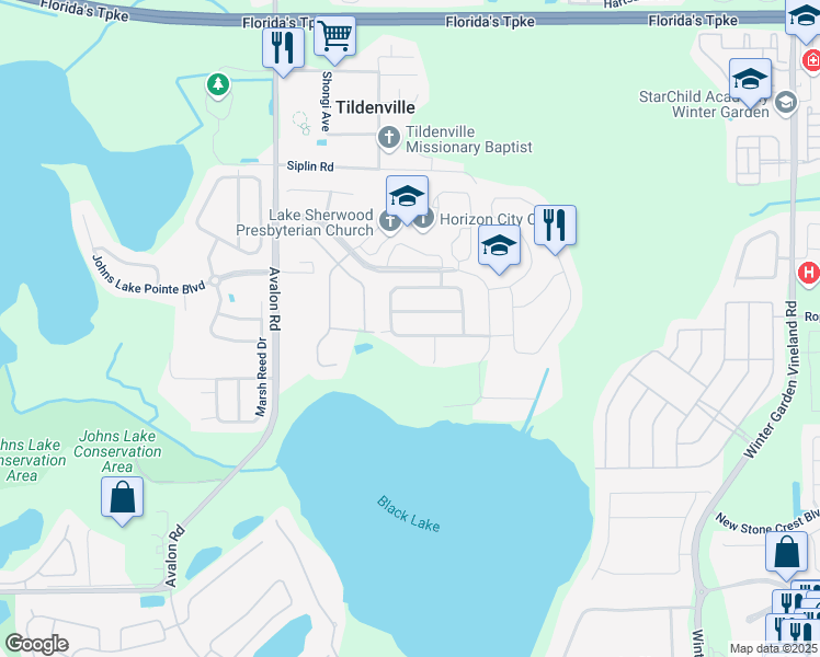 map of restaurants, bars, coffee shops, grocery stores, and more near 14553 Black Lake Preserve Street in Winter Garden