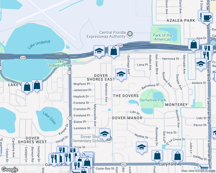 map of restaurants, bars, coffee shops, grocery stores, and more near 621 Morocco Avenue in Orlando