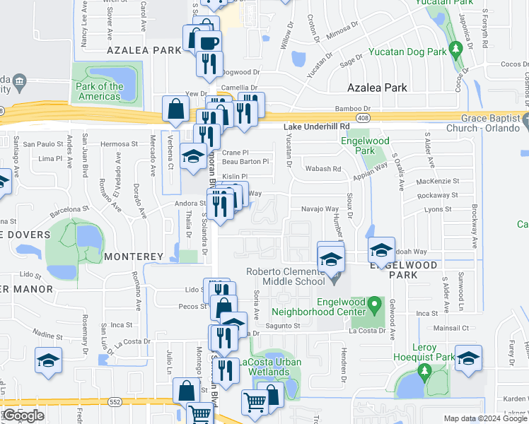 map of restaurants, bars, coffee shops, grocery stores, and more near 5818 Strasberg Terrace in Orlando