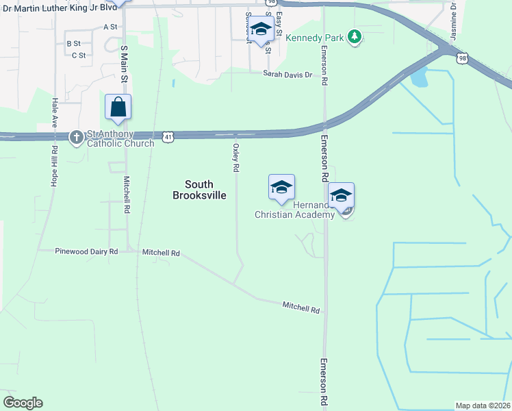 map of restaurants, bars, coffee shops, grocery stores, and more near 7204 Oxley Road in Brooksville
