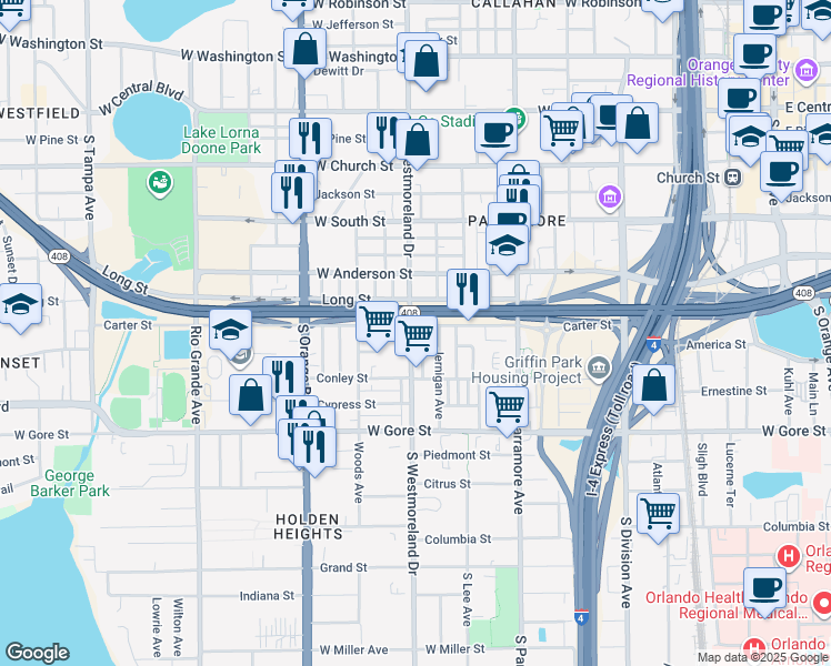 map of restaurants, bars, coffee shops, grocery stores, and more near 920 Carter Street in Orlando