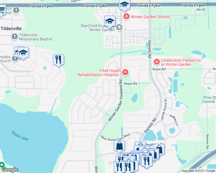 map of restaurants, bars, coffee shops, grocery stores, and more near 526 1st Cape Coral Drive in Winter Garden