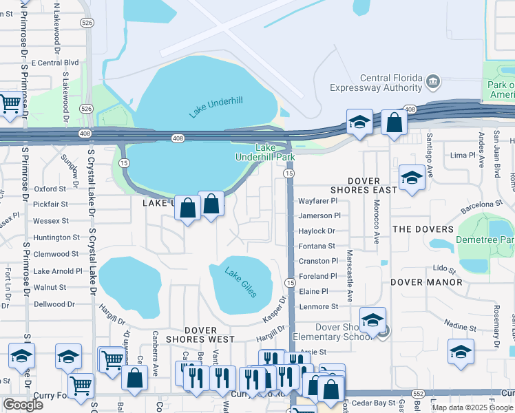 map of restaurants, bars, coffee shops, grocery stores, and more near 4260 Lake Underhill Road in Orlando