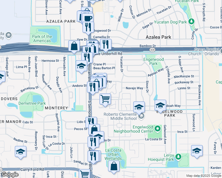 map of restaurants, bars, coffee shops, grocery stores, and more near 5818 Strasberg Terrace in Orlando