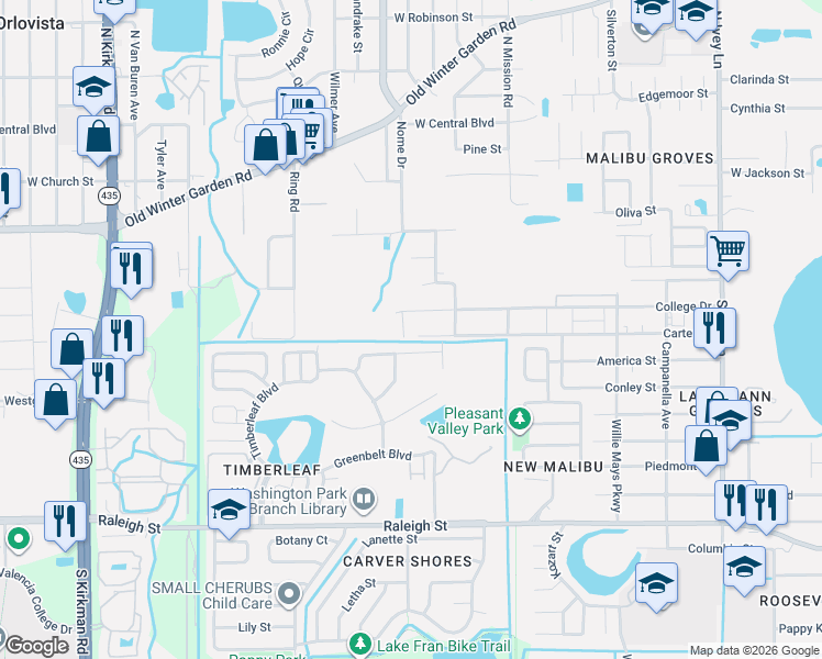 map of restaurants, bars, coffee shops, grocery stores, and more near 5073 Carter Street in Orlando