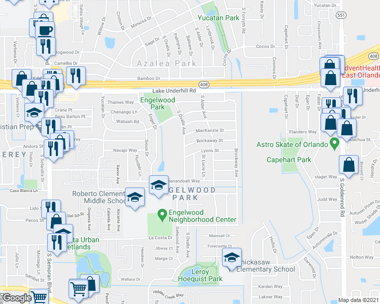 map of restaurants, bars, coffee shops, grocery stores, and more near 6305 Lyons Street in Orlando