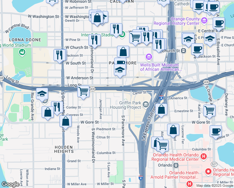map of restaurants, bars, coffee shops, grocery stores, and more near 720 Carter Street in Orlando