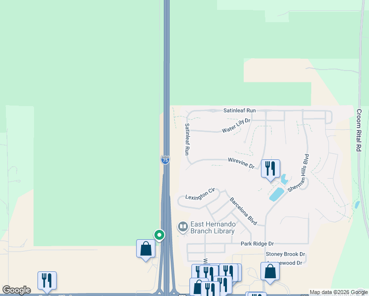 map of restaurants, bars, coffee shops, grocery stores, and more near 30541 Satinleaf Run in Brooksville