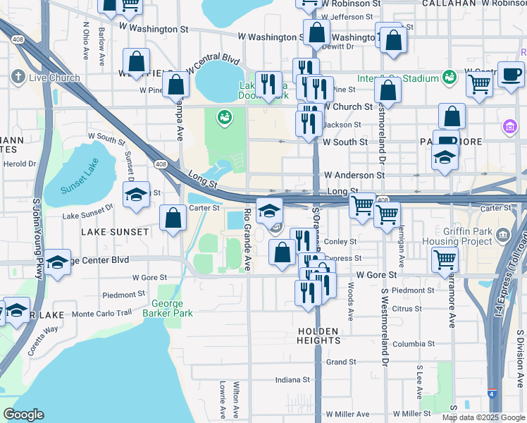 map of restaurants, bars, coffee shops, grocery stores, and more near in Orlando