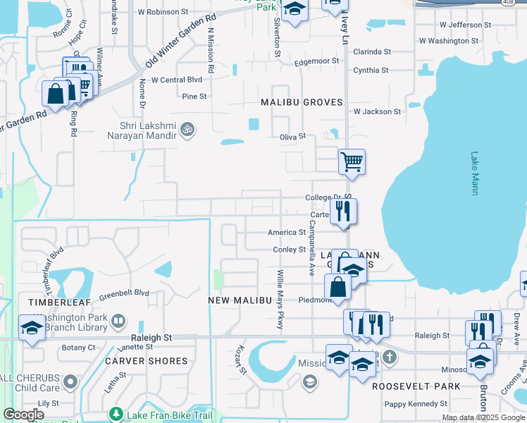 map of restaurants, bars, coffee shops, grocery stores, and more near 4629 Carter Street in Orlando