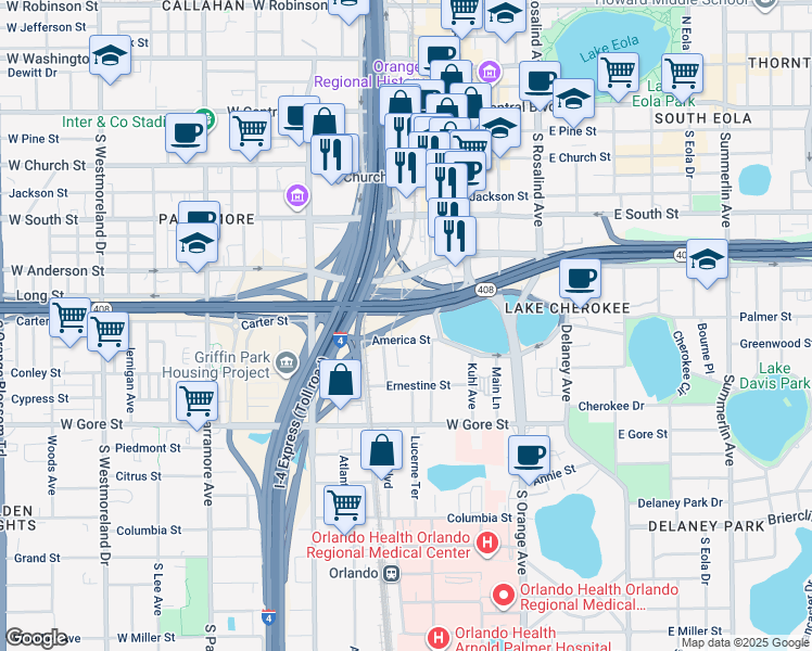 map of restaurants, bars, coffee shops, grocery stores, and more near 100S North Lucerne Circle West in Orlando