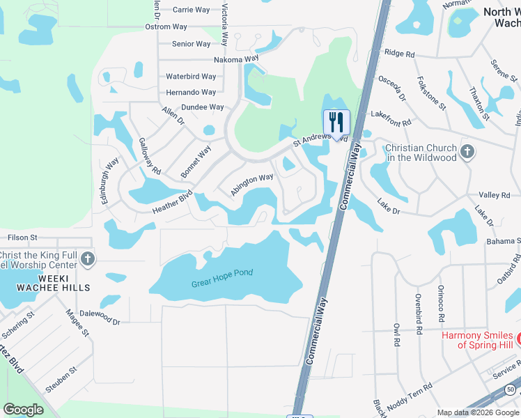 map of restaurants, bars, coffee shops, grocery stores, and more near 9139 Lingrove Road in Spring Hill