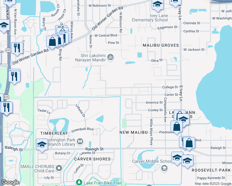 map of restaurants, bars, coffee shops, grocery stores, and more near 4815 Carter Street in Orlando