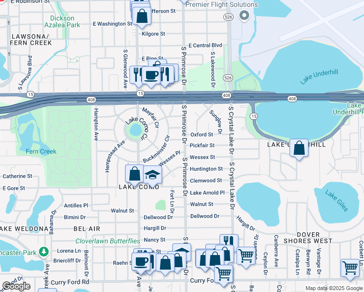 map of restaurants, bars, coffee shops, grocery stores, and more near 610 Primrose Drive in Orlando