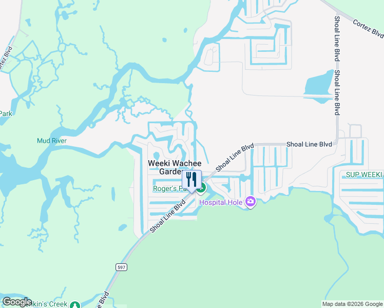 map of restaurants, bars, coffee shops, grocery stores, and more near 7258 Tropical Drive in Spring Hill