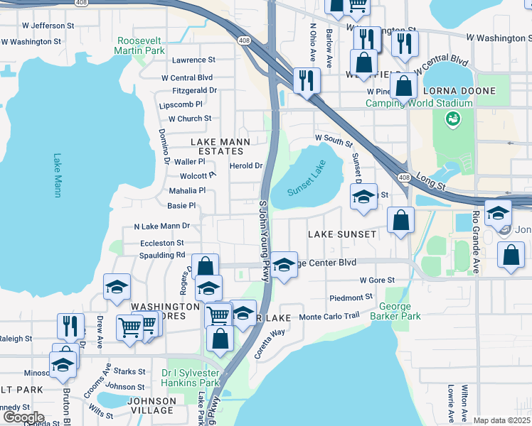 map of restaurants, bars, coffee shops, grocery stores, and more near 4200 South John Young Parkway in Orlando