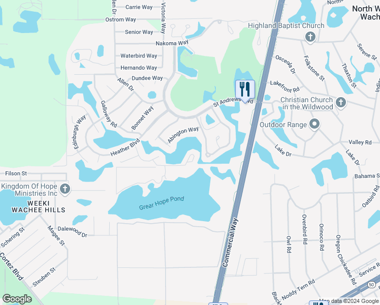 map of restaurants, bars, coffee shops, grocery stores, and more near 9139 Lingrove Road in Spring Hill