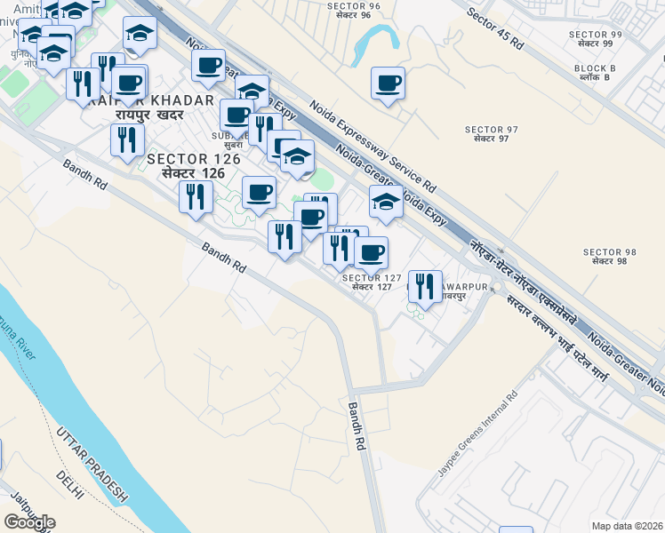 map of restaurants, bars, coffee shops, grocery stores, and more near in Noida