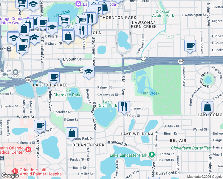 map of restaurants, bars, coffee shops, grocery stores, and more near 613 South Hyer Avenue in Orlando