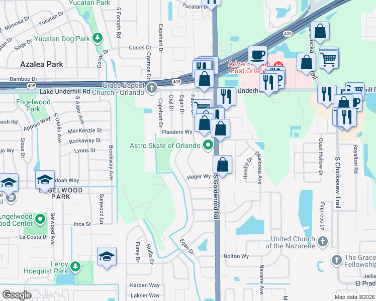 map of restaurants, bars, coffee shops, grocery stores, and more near 812 Faber Drive in Orlando