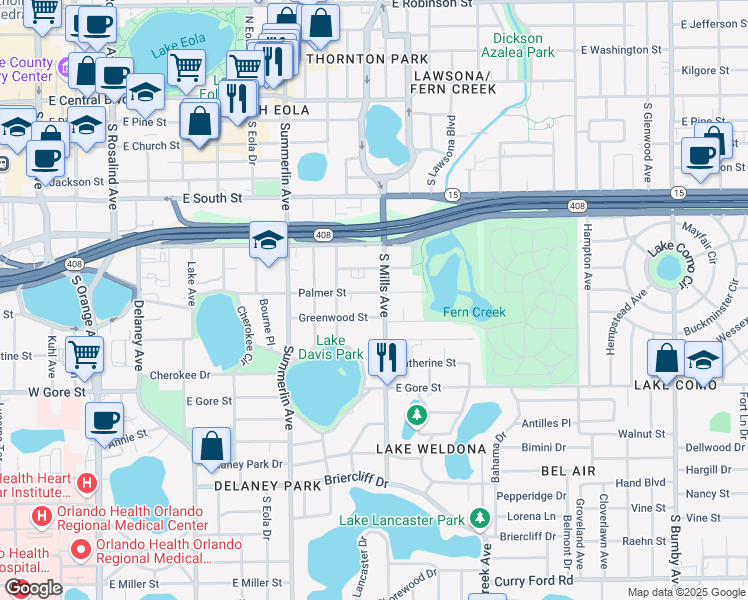 map of restaurants, bars, coffee shops, grocery stores, and more near 1112 Palmer St in Orlando