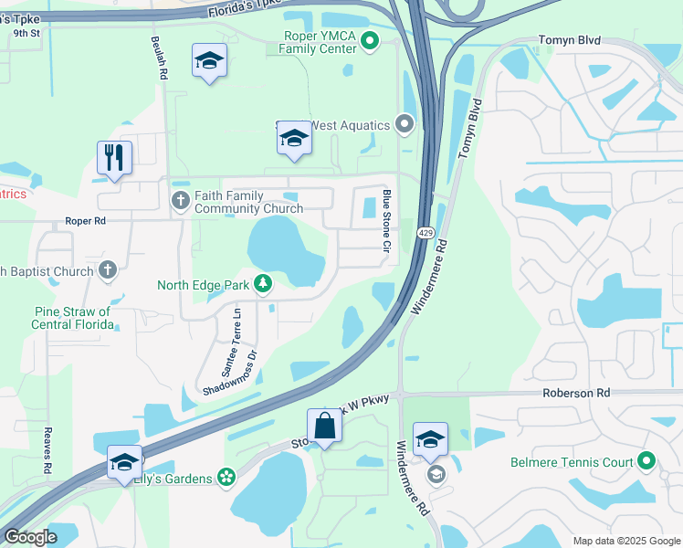 map of restaurants, bars, coffee shops, grocery stores, and more near 377 Blue Stone Circle in Winter Garden