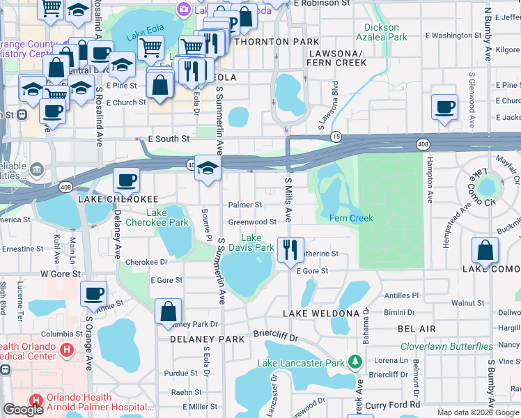 map of restaurants, bars, coffee shops, grocery stores, and more near 613 South Hyer Avenue in Orlando