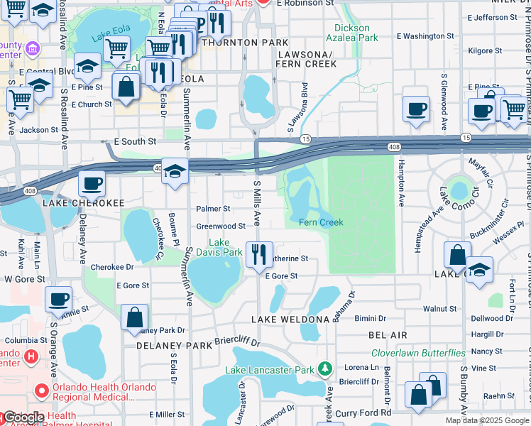 map of restaurants, bars, coffee shops, grocery stores, and more near 1224 Palmer Street in Orlando