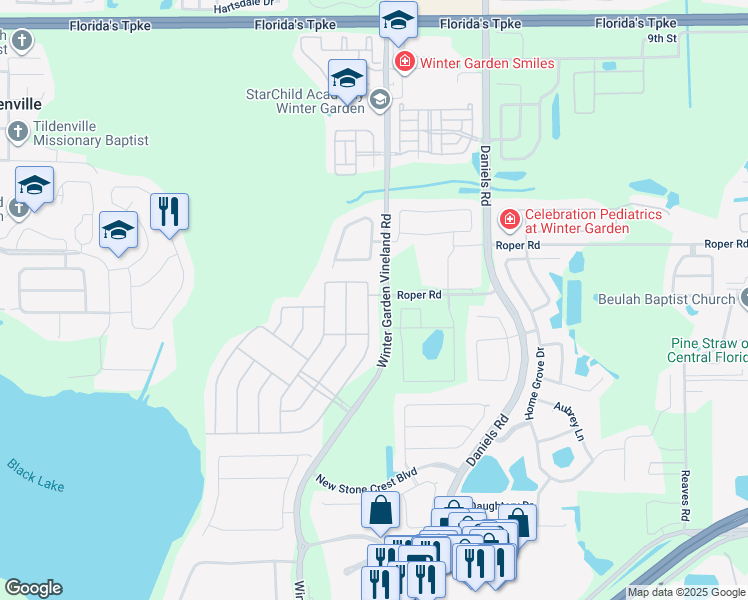 map of restaurants, bars, coffee shops, grocery stores, and more near 523 Cascading Creek Lane in Winter Garden