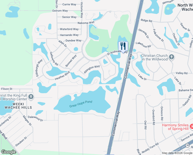 map of restaurants, bars, coffee shops, grocery stores, and more near 9139 Lingrove Road in Spring Hill
