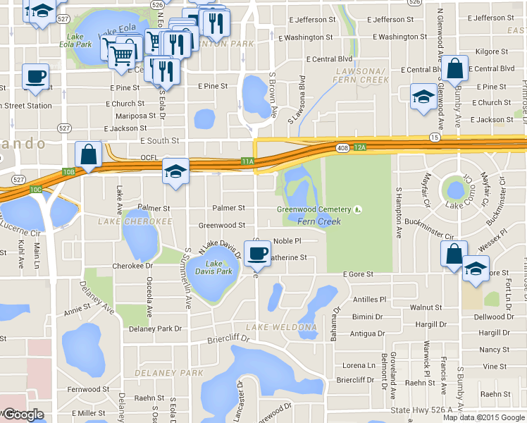 map of restaurants, bars, coffee shops, grocery stores, and more near 1224 Palmer Street in Orlando