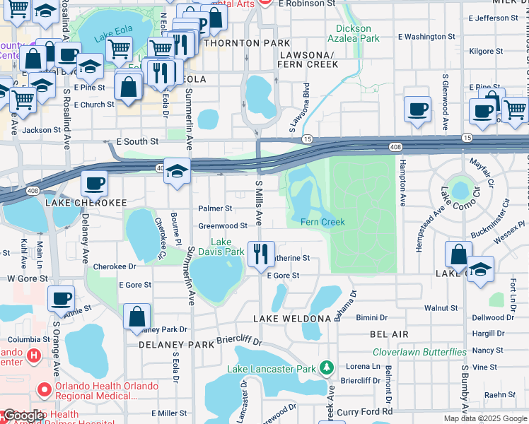 map of restaurants, bars, coffee shops, grocery stores, and more near 1112 Palmer Street in Orlando
