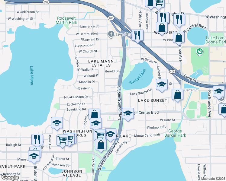 map of restaurants, bars, coffee shops, grocery stores, and more near in Orlando