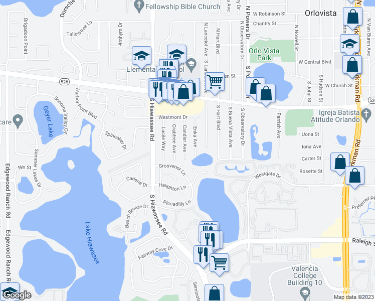 map of restaurants, bars, coffee shops, grocery stores, and more near 506 Enka Avenue in Orlando