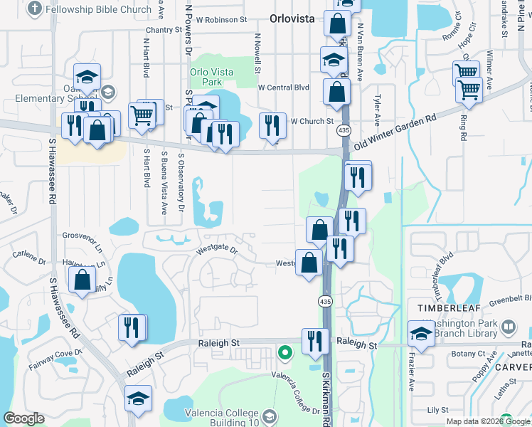 map of restaurants, bars, coffee shops, grocery stores, and more near 5943 Carter Street in Orlando